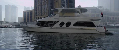 White Yacht In Dubai Marina Water Luxury Lifestyle Boat Sea Skyline Downtown Stock Footage