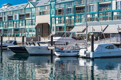 White yachts on berth on sunny day. Sydney, Australia Stock Photos