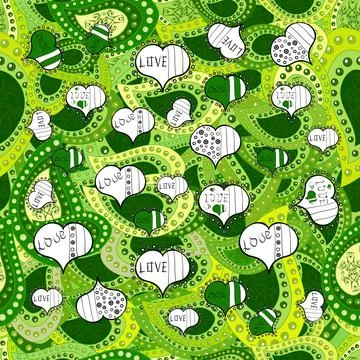 White, yellow and green. Vector fancy love shape seamless pattern background. Va Stock Illustration