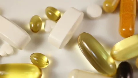 White, yellow, brown, transparent, black, oval and oblong tablets, pills, capsul Stock Footage 145374075