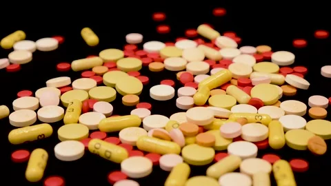 White, yellow, red and orange tablets and capsules falling on a black surface Stock Footage 147549941