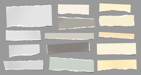 White, yellow torn note, notebook paper pieces are on dark grey background for Stock Illustration