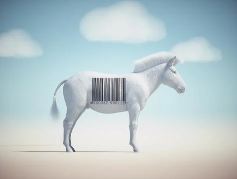 White zebra with a barcode on it. Identity and unique concept. Illustrazione stock