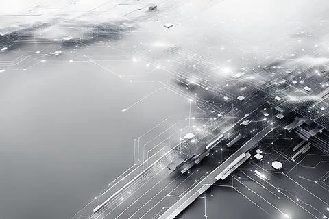 White,blue abstract technology background with a network grid and particles.. Stock Photos