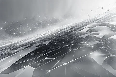 White,blue abstract technology background with a network grid and particles.. Stock Photos
