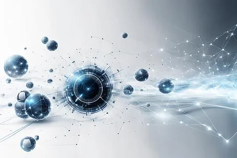 White,blue abstract technology background with a network grid and particles.. Stock Photos