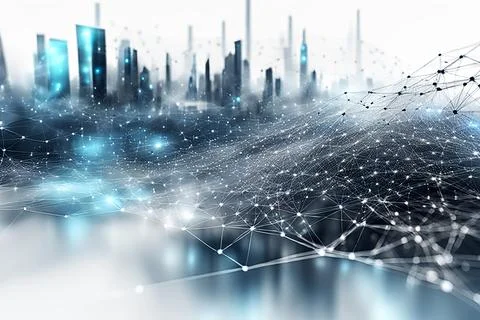 White,blue abstract technology background with a network grid and particles.. Stock Photos