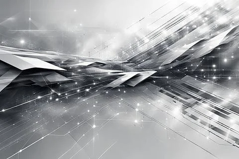 White,blue abstract technology background with a network grid and particles.. Stock Photos