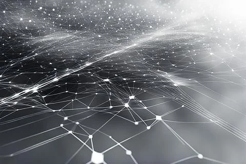 White,blue abstract technology background with a network grid and particles.. Stock Photos