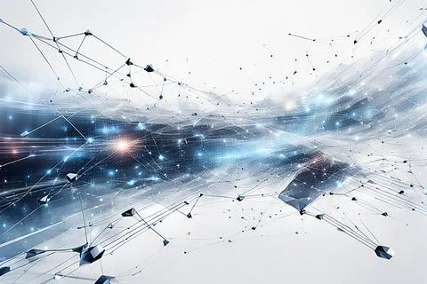 White,blue abstract technology background with a network grid and particles.. Stock Photos