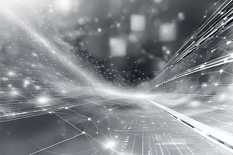 White,blue abstract technology background with a network grid and particles.. Stock Photos