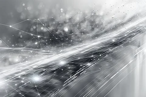White,blue abstract technology background with a network grid and particles.. Stock Photos
