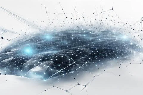 White,blue abstract technology background with a network grid and particles.. Stock Photos