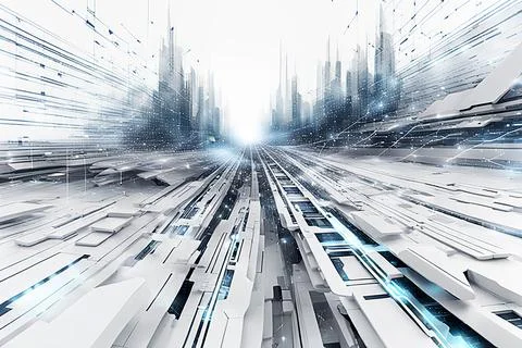 White,blue abstract technology background with a network grid and particles.. Stock Photos