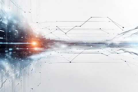 White,blue abstract technology background with a network grid and particles.. Stock Photos