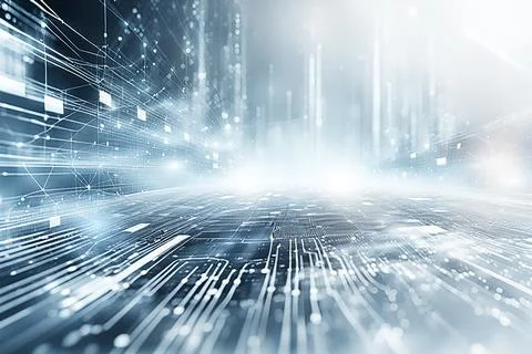 White,blue abstract technology background with a network grid and particles.. Stock Photos