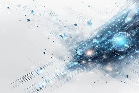 White,blue abstract technology background with a network grid and particles.. Stock Photos