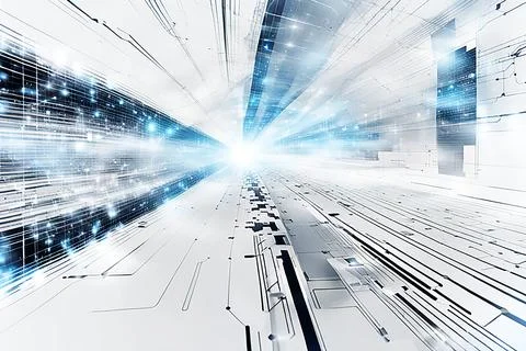 White,blue abstract technology background with a network grid and particles.. Stock Photos