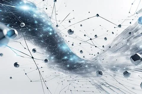 White,blue abstract technology background with a network grid and particles.. Stock Photos