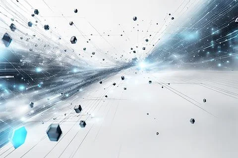 White,blue abstract technology background with a network grid and particles.. Stock Photos