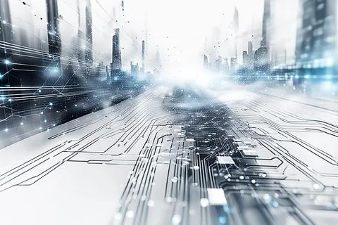 White,blue abstract technology background with a network grid and particles.. Stock Photos