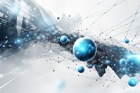 White,blue abstract technology background with a network grid and particles.. Stock Photos