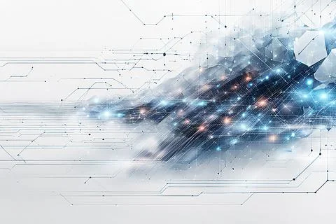 White,blue abstract technology background with a network grid and particles.. Stock Photos
