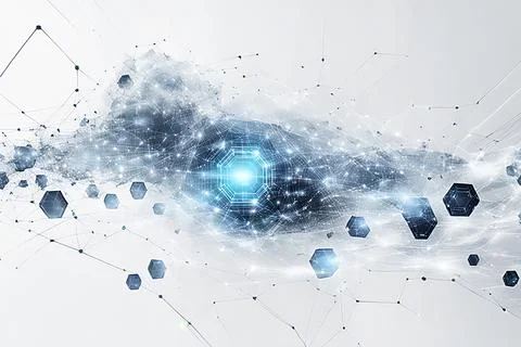 White,blue abstract technology background with a network grid and particles.. Stock Photos