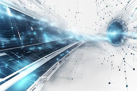 White,blue abstract technology background with a network grid and particles.. Stock Photos