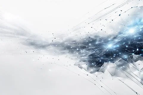 White,blue abstract technology background with a network grid and particles.. Stock Photos