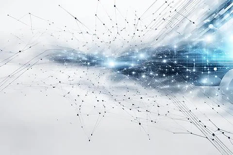 White,blue abstract technology background with a network grid and particles.. Stock Photos