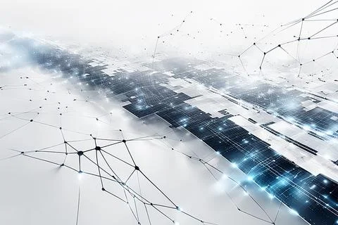 White,blue abstract technology background with a network grid and particles.. Stock Photos