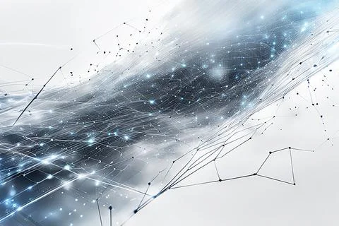 White,blue abstract technology background with a network grid and particles.. Stock Photos