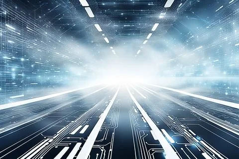 White,blue abstract technology background with a network grid and particles.. Stock Photos