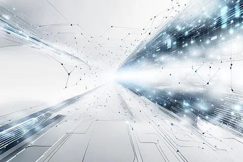 White,blue abstract technology background with a network grid and particles.. Stock Photos