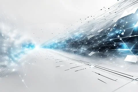 White,blue abstract technology background with a network grid and particles.. Stock Photos