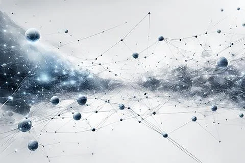 White,blue abstract technology background with a network grid and particles.. Stock Photos