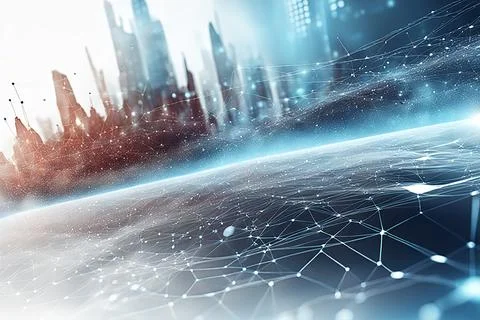 White,blue abstract technology background with a network grid and particles.. Stock Photos