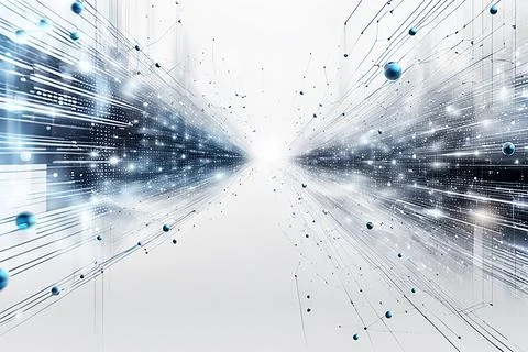 White,blue abstract technology background with a network grid and particles.. Stock Photos