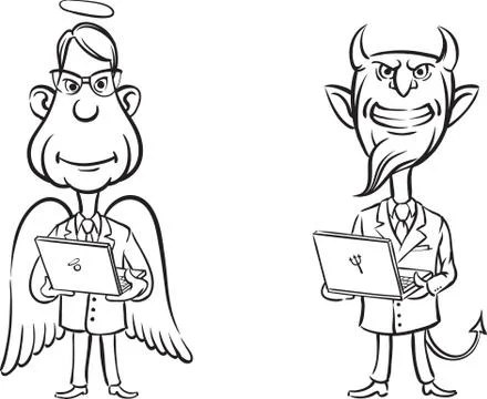 Whiteboard drawing - angel and devil with laptop computers Illustrazione stock