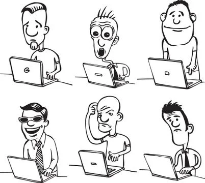 Whiteboard drawing - comic doodle dudes with laptops Ilustração Stock