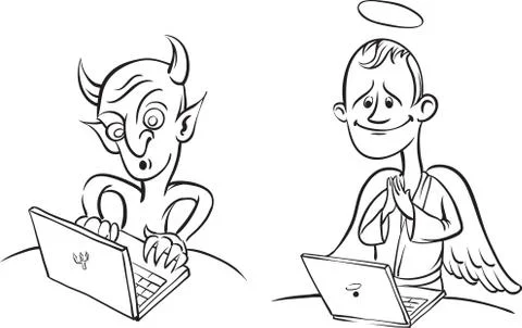 Whiteboard drawing - devil and angel with laptop computer Stock Illustration