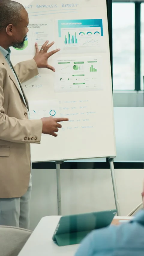 Whiteboard, presentation and man with graph in meeting for market analysis Stock Footage 335854070