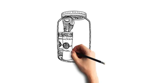 Whiteboard Style Animation Hand drawing the money dollar bills rols in glass can Stock Footage 89243247
