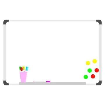 Whiteboard for teaching, with colored markers and magnets. White background. Stock Illustration