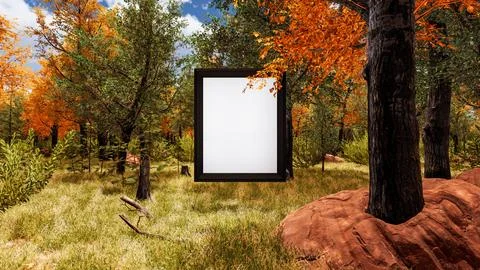 Whiteboard in virtual digital environment with forest background 3d render Stock Illustration