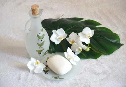 Whiteness and freshness in the background with elements of skin care Stock Photos