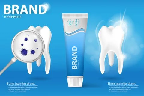 Whitening toothpaste ad. Realistic clean and dirty tooth on blue background Stock Illustration