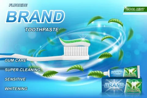 Whitening toothpaste ads, mint leaves background. Tooth model and product Stock Illustration