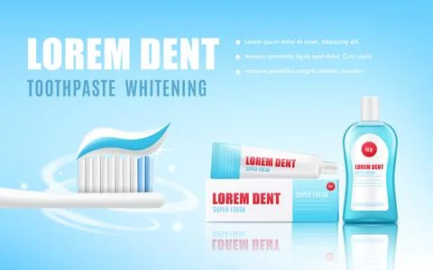 Whitening toothpaste banner background realistic vector illustration. Ilustración de archivo